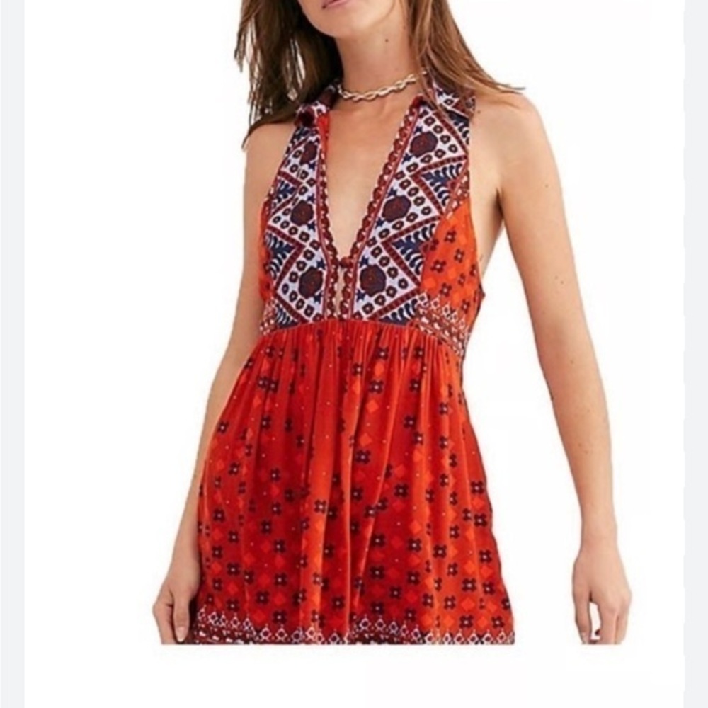 Free People Red and Blue Patterned Halter Dress